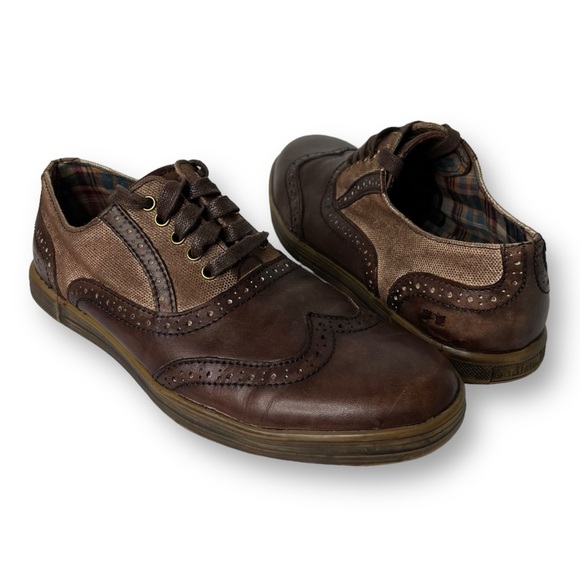 BED|STU Quinn Teak Brown Leather Canvas Distressed Wingtip Oxford Shoe 10.5 - Picture 2 of 11